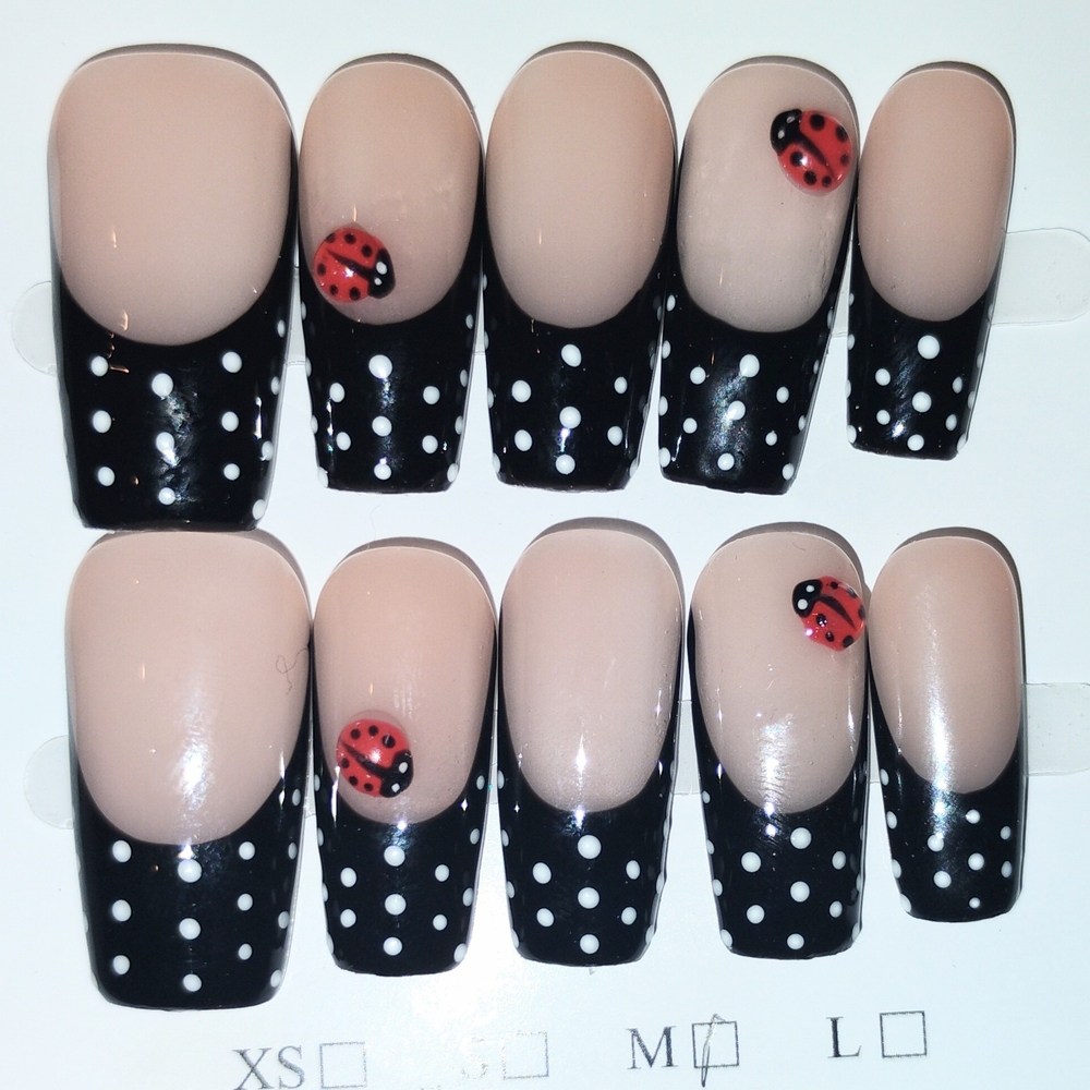 Black and White Polka Dot Press-On Nails with Ladybug Design